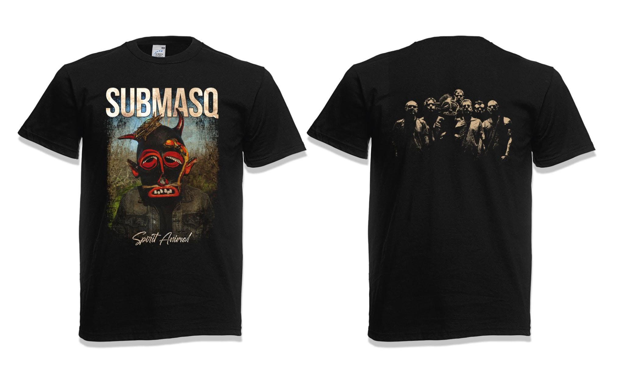 Front and back of the official Spirit Animal Album Cover black T-shirt